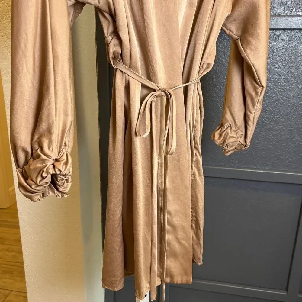Lunya Washable Silk Nude Tan Long Sleeve Short Robe With Pockets, XS S EUC